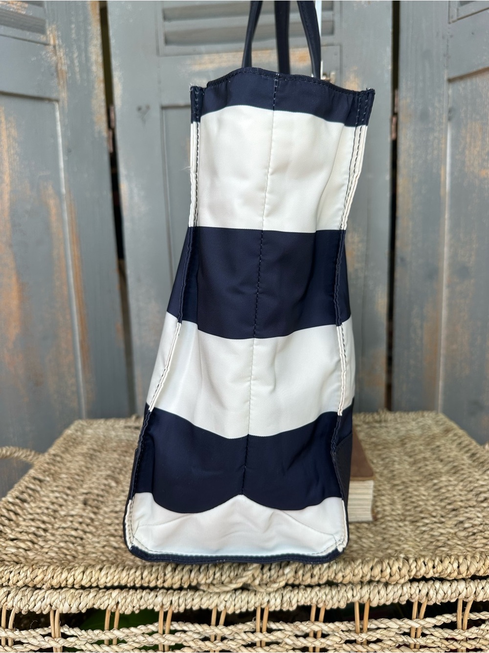 Tory Burch Ella Packable Nylon Tote Navy Bar Stripe - Picture 3 of 16